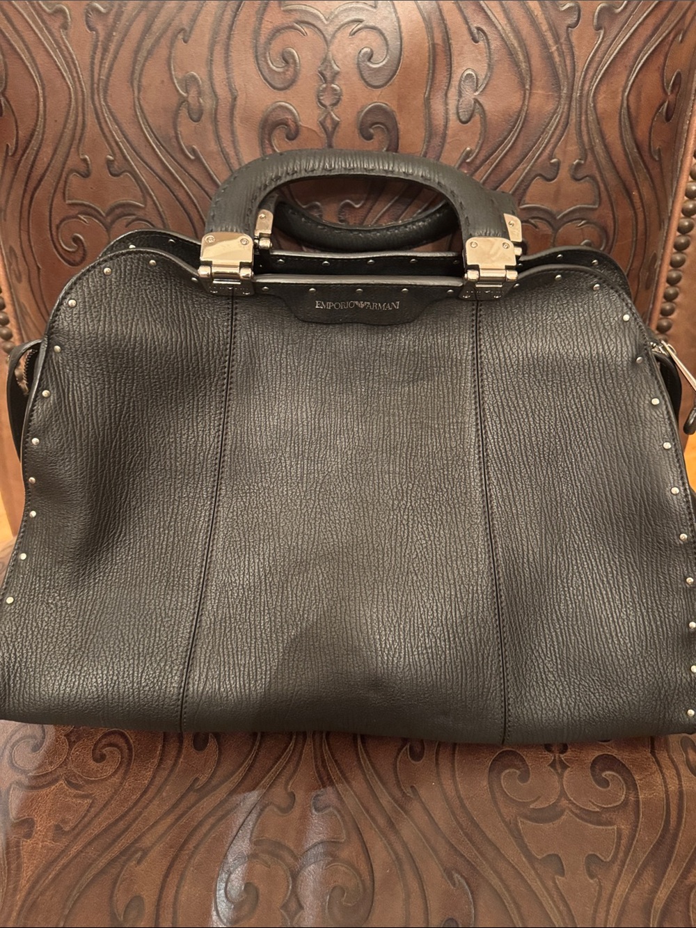 Emporio Armani Black Leather Men’s Top-Handle Briefcase with Stud Accents